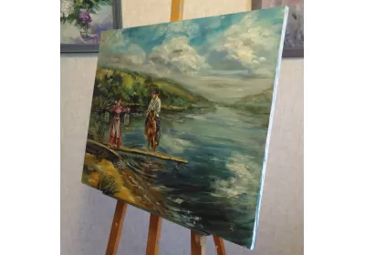 Холст на подрамнике с изображением реки Дон и казачки с казаком.