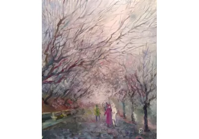 Сиреневый туман с парке Кисловодска  Прогуливаются отдельные прохожие картина маслом художника Нины Дивинской