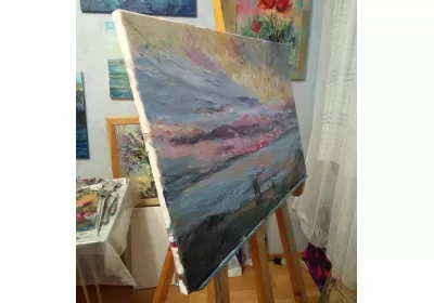 Холст на картоне с картиной "Вечер на Волге"