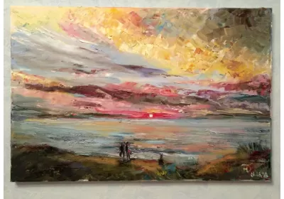 Картина маслом с красочным вечером у Волги