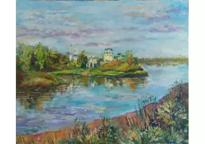 Картина "Вечерний звон" с православным монастырём и речкой в летний день, голубое светлое небо и зеленый лес, художник Нина Дивинская (Волгоград)