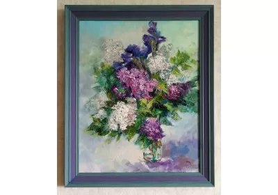 Картина маслом с букетом сирени "Весеннее настроение"