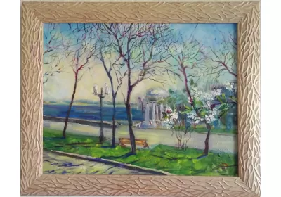 Картина с Волжским пейзажем "Весна в городе" в багетной раме.