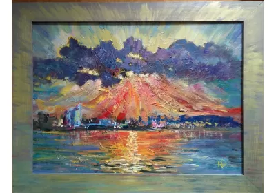 Холсстс картиной "В лучах заката" в деревянной раме, окрашенной вручную.