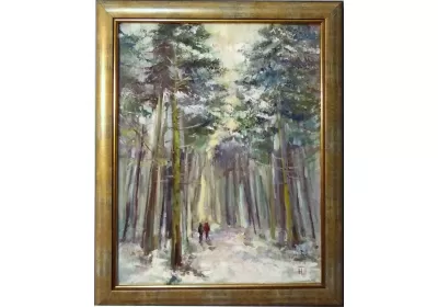 Пейзаж с зимним лесом маслом на холсте в раме. Картина маслом "Зимний лес" с фигурками на заснеженной аллее.